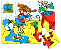 Pippi Langstrumpf Puzzle mit 12 Puzzle-Teilen Pippi beim Hausputz mit Brsten an den Fen