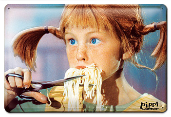 Blechschild Pippi Langstrumpf Ganz beliebtes Motiv: Pippi schneidet Spaghetti mit der Schere