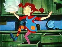 Pippi tanzt mit einem Tellerstapel ... Bild zum Ausmalen
